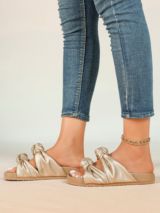 Gold-Tone Ruched Knot Slide Sandals with Lightweight Summer Sole