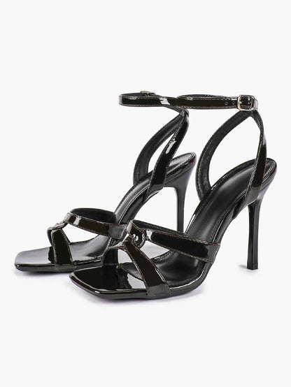 Women's Gold Leather Cross Strap Stiletto Heels 4.13 Inch Square Toe Ankle Strap Sandals YISHIFAN
