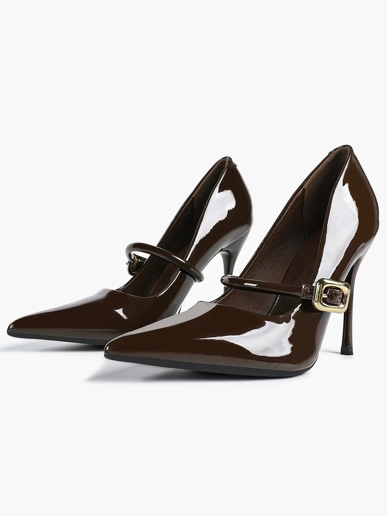Women's Leather Stiletto Heels 4.13 Inch Pointed Toe Strap Pumps Shoes with Buckle for Casual Office YISHIFAN