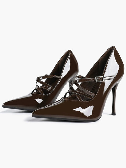 Burgundy Leather Stiletto Heels Sharp Pointed Toe Cross Strap Pump 4.13 INCH for Party Wedding Shoes YISHIFAN