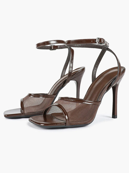 Women's Leather Mesh Ankle Strap Sandals Stiletto Heels Square Toe with 4.13 Inch Heel YISHIFAN