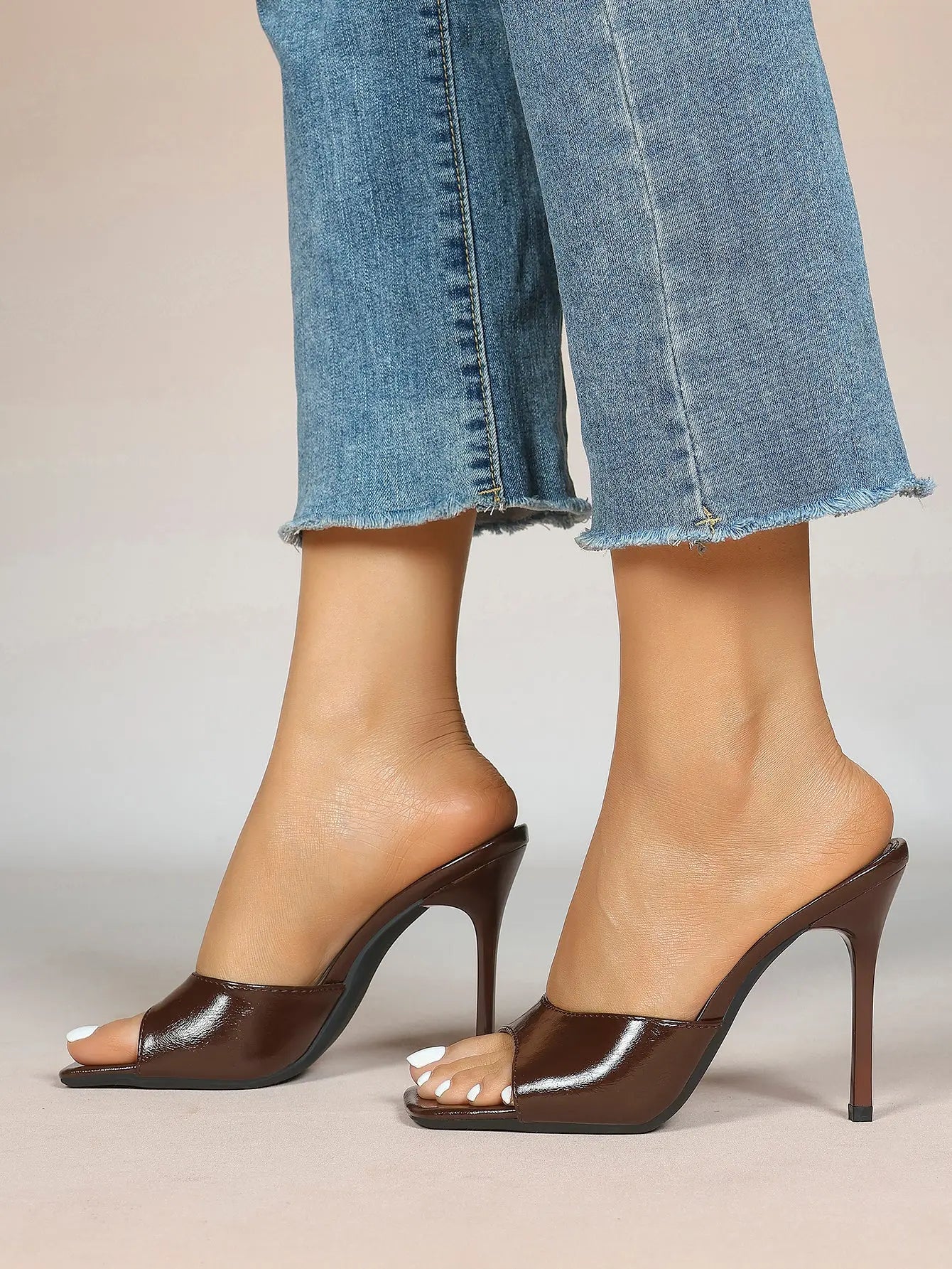 Women's Kitten Heels for Square Toe Open Toe Backless Mule Heels Stiletto Sandals 4.13 Inch YISHIFAN