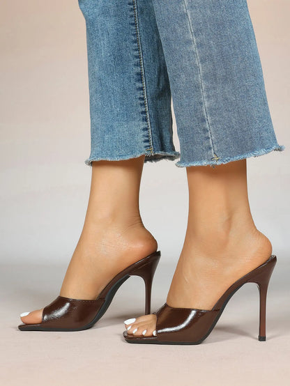 Women's Kitten Heels for Square Toe Open Toe Backless Mule Heels Stiletto Sandals 4.13 Inch YISHIFAN