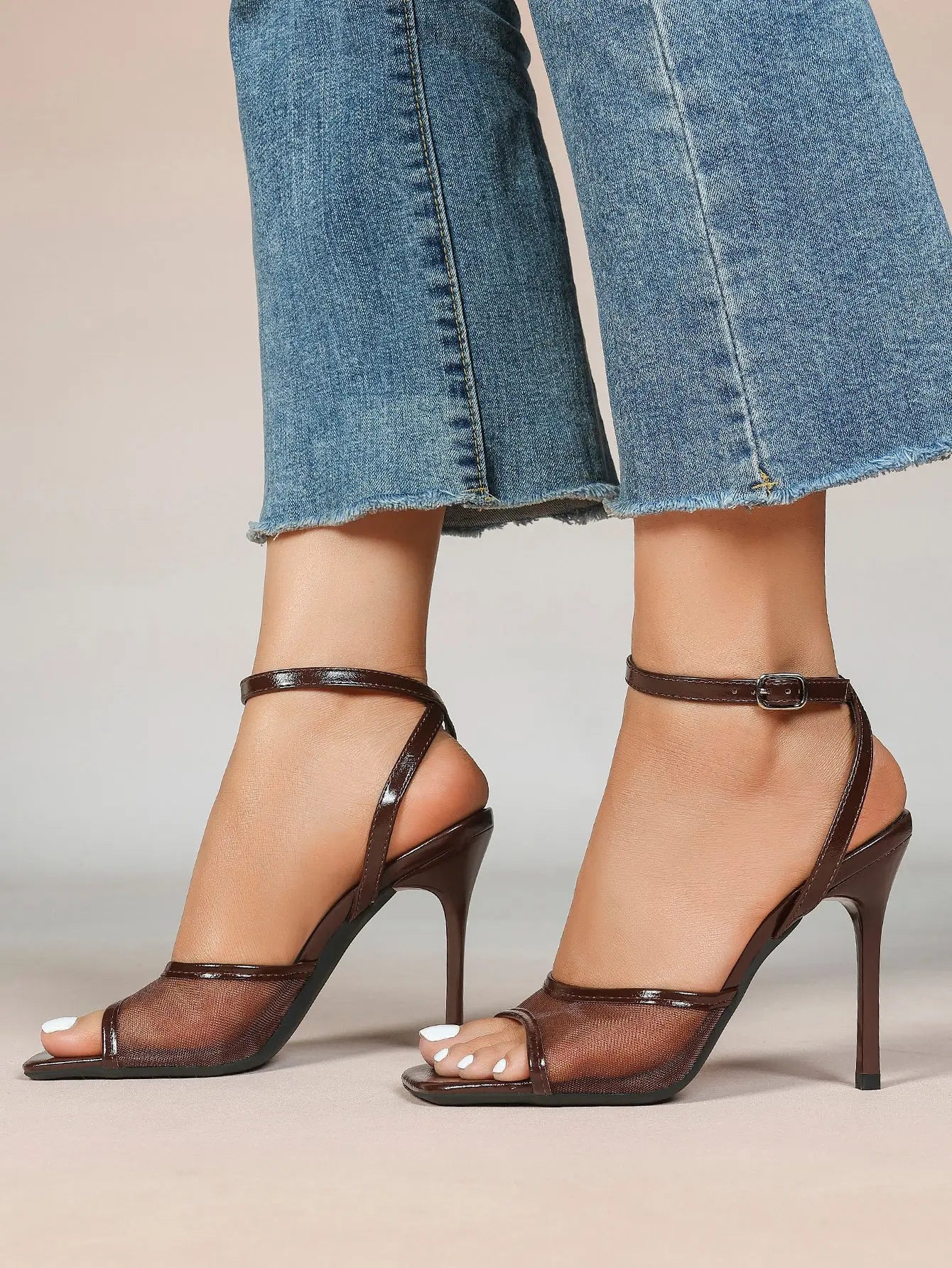 Women's Leather Mesh Ankle Strap Sandals Stiletto Heels Square Toe with 4.13 Inch Heel YISHIFAN