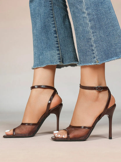 Women's Leather Mesh Ankle Strap Sandals Stiletto Heels Square Toe with 4.13 Inch Heel YISHIFAN