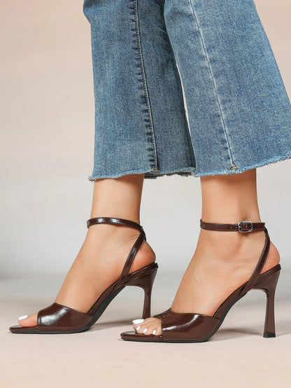 Women's Metallic Gloss Opened Pointed Toe Ankle Strap Stiletto Sandals Avant-Garde Heel for Party Casual YISHIFAN