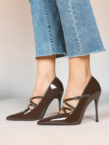 Burgundy Leather Stiletto Heels Sharp Pointed Toe Cross Strap Pump 4.13 INCH for Party Wedding Shoes YISHIFAN
