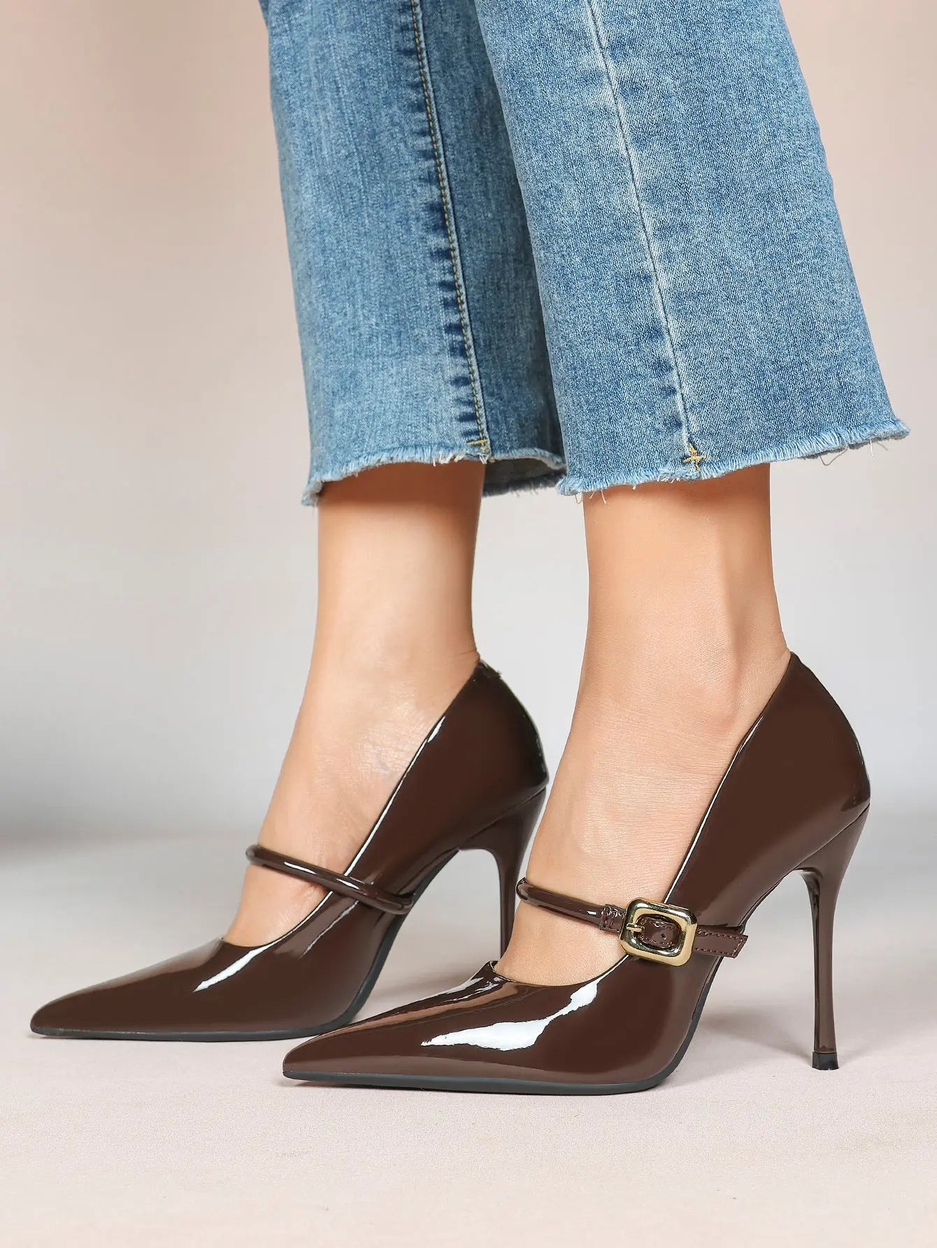 Women's Leather Stiletto Heels 4.13 Inch Pointed Toe Strap Pumps Shoes with Buckle for Casual Office YISHIFAN