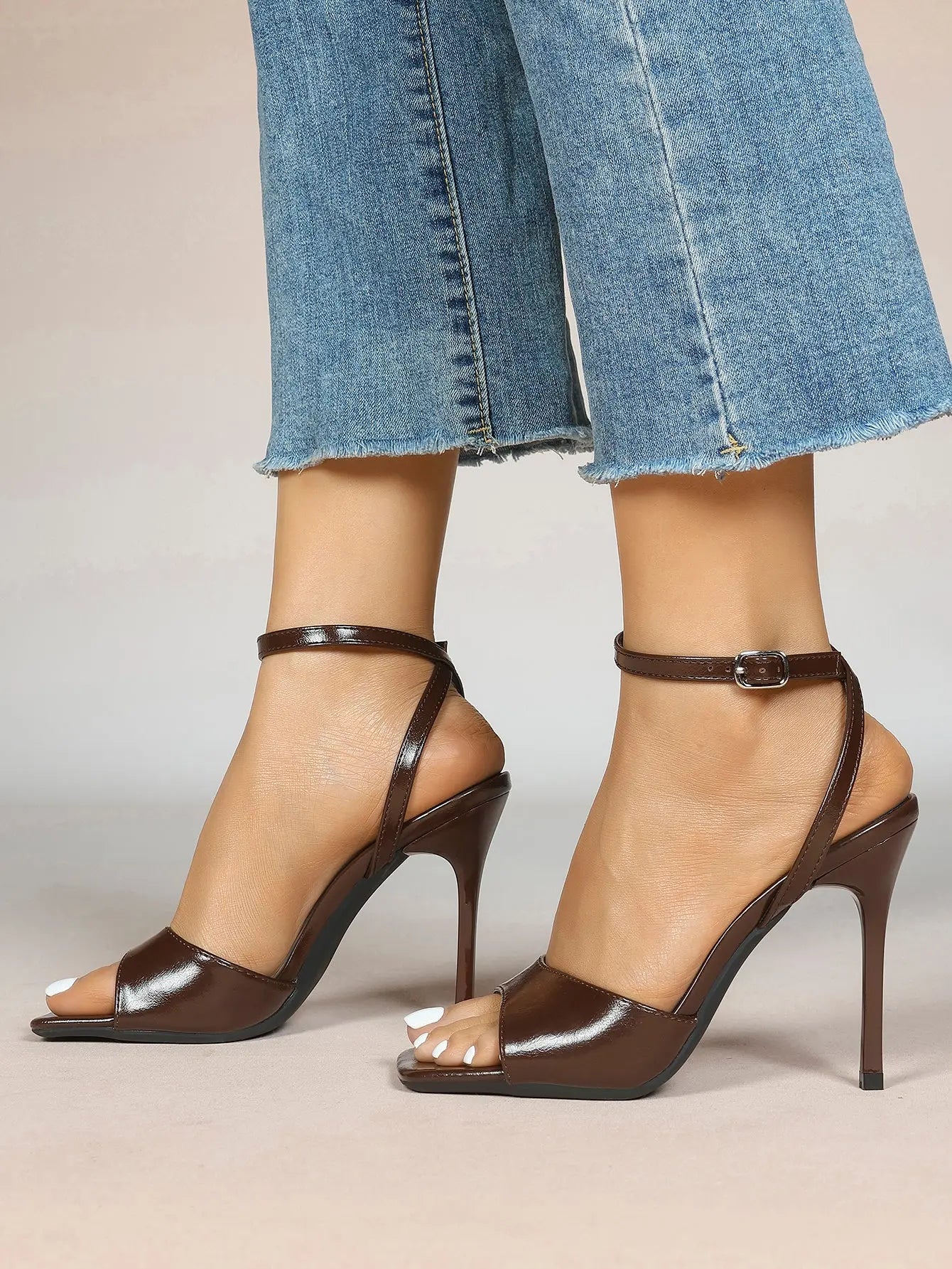 Women's Stiletto Heels 4.13 Inch Square Toe Ankle Strap Sandals Wedding Party Office Dress Shoes YISHIFAN