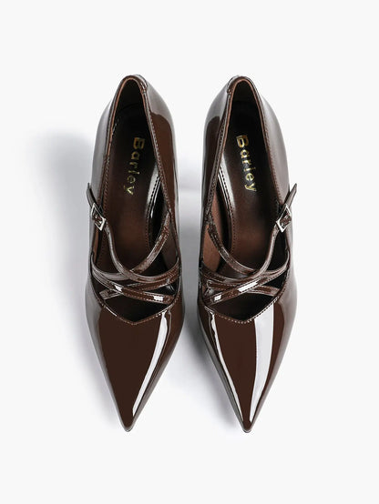Burgundy Leather Stiletto Heels Sharp Pointed Toe Cross Strap Pump 4.13 INCH for Party Wedding Shoes YISHIFAN