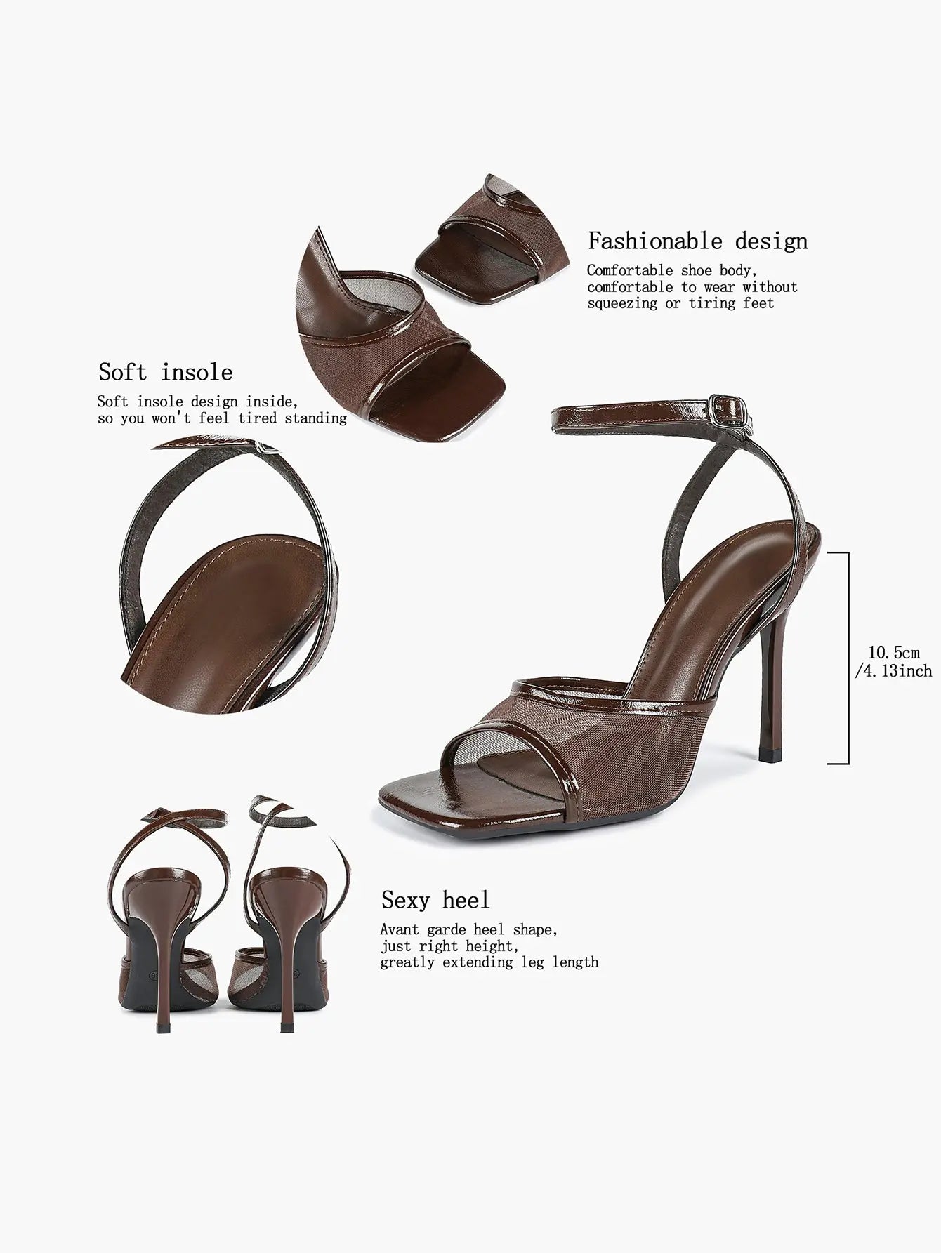 Women's Leather Mesh Ankle Strap Sandals Stiletto Heels Square Toe with 4.13 Inch Heel YISHIFAN