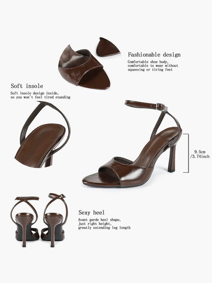 Women's Metallic Gloss Opened Pointed Toe Ankle Strap Stiletto Sandals Avant-Garde Heel for Party Casual YISHIFAN