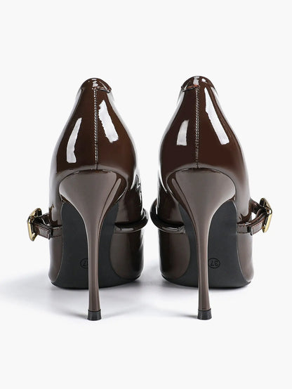 Women's Leather Stiletto Heels 4.13 Inch Pointed Toe Strap Pumps Shoes with Buckle for Casual Office YISHIFAN
