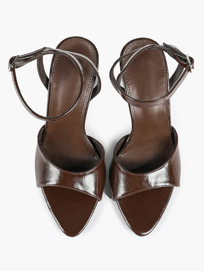 Women's Metallic Gloss Opened Pointed Toe Ankle Strap Stiletto Sandals Avant-Garde Heel for Party Casual YISHIFAN