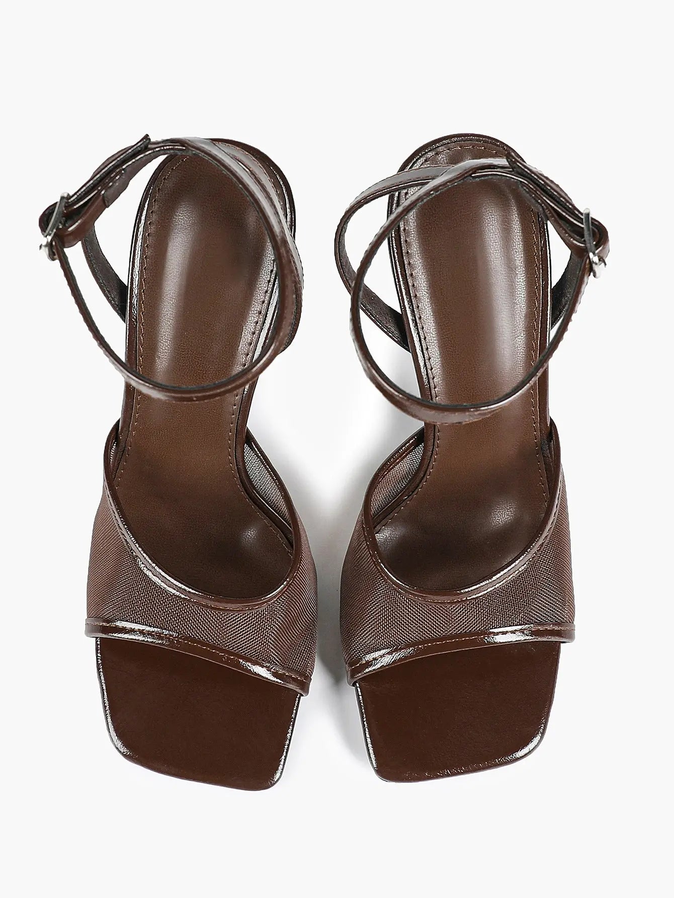 Women's Leather Mesh Ankle Strap Sandals Stiletto Heels Square Toe with 4.13 Inch Heel YISHIFAN