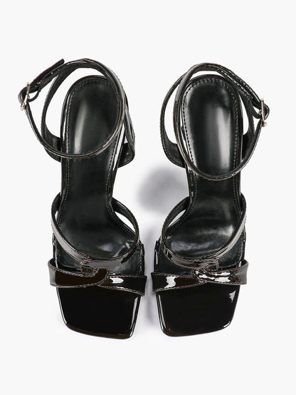 Women's Gold Leather Cross Strap Stiletto Heels 4.13 Inch Square Toe Ankle Strap Sandals YISHIFAN