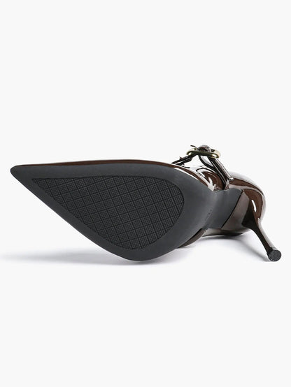Women's Leather Stiletto Heels 4.13 Inch Pointed Toe Strap Pumps Shoes with Buckle for Casual Office YISHIFAN