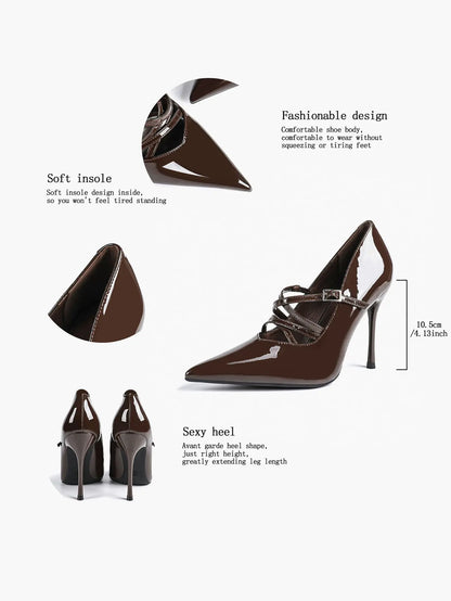 Burgundy Leather Stiletto Heels Sharp Pointed Toe Cross Strap Pump 4.13 INCH for Party Wedding Shoes YISHIFAN