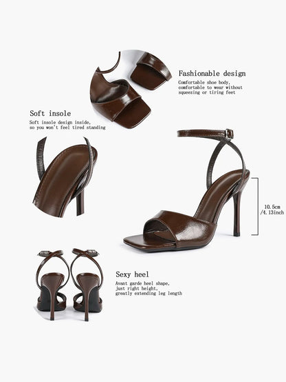 Women's Stiletto Heels 4.13 Inch Square Toe Ankle Strap Sandals Wedding Party Office Dress Shoes YISHIFAN
