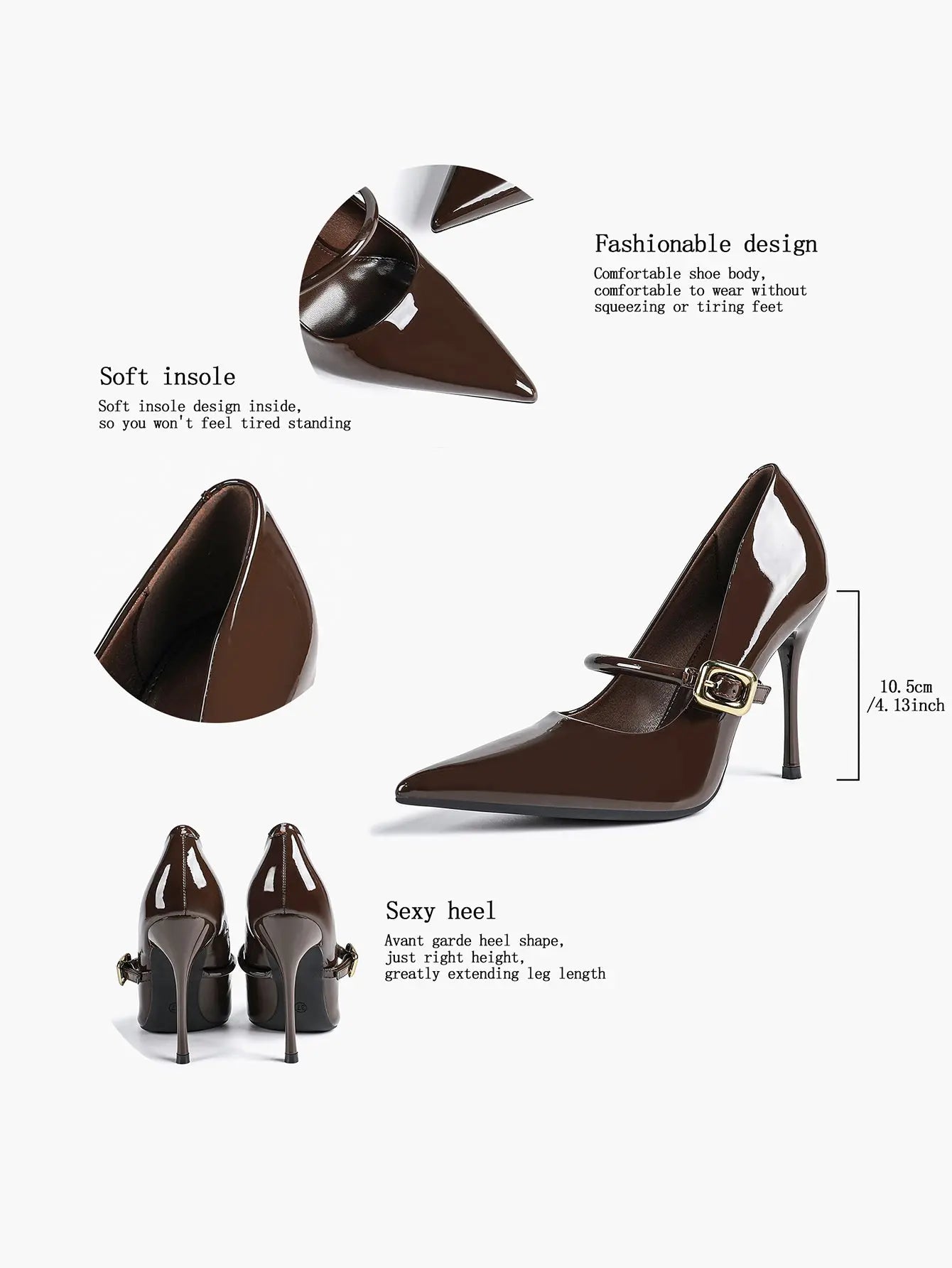 Women's Leather Stiletto Heels 4.13 Inch Pointed Toe Strap Pumps Shoes with Buckle for Casual Office YISHIFAN