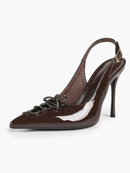 Cognac Lace-Up Oxford Pumps | 10.5cm Stiletto Heel, Chain Ankle Strap YISHIFAN