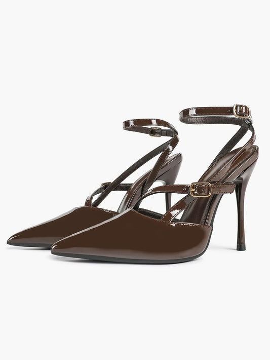 Women's Deep Brown Leather Stiletto Sandals Asymmetric Strap Heel with Soft Insole for Formal Dress Shoes YISHIFAN