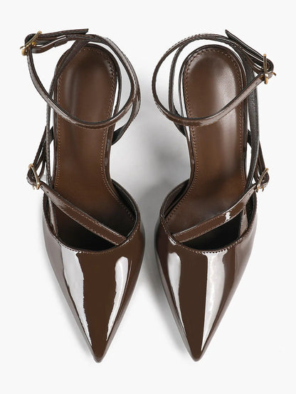 Women's Deep Brown Leather Stiletto Sandals Asymmetric Strap Heel with Soft Insole for Formal Dress Shoes YISHIFAN