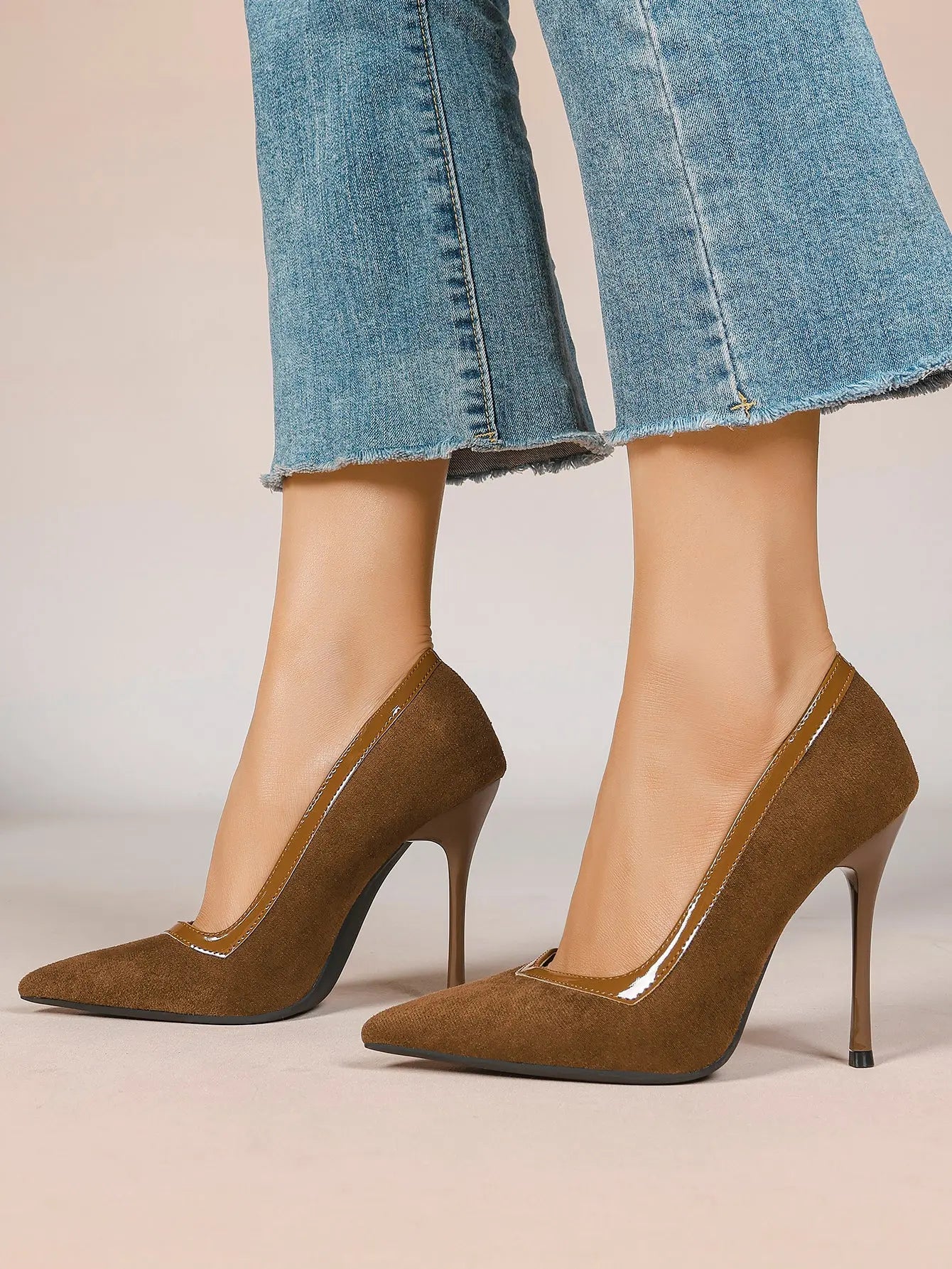 Women's Pumps Pointed Toe Stiletto Heels Black Suede Leather Trim Wedding Evening Party Dress Shoes YISHIFAN