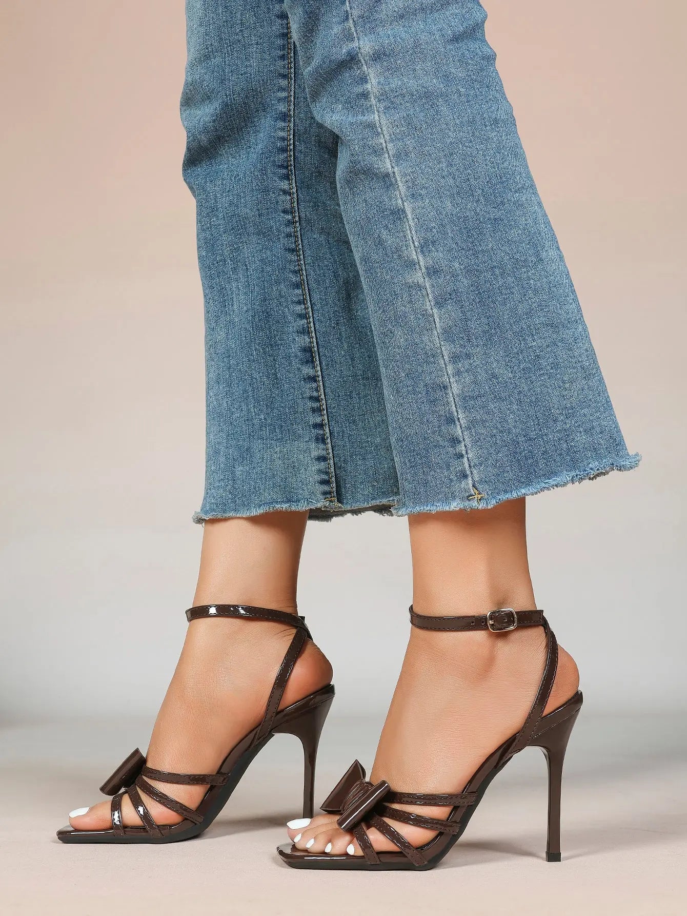 Women's Metallic Silver Open Toe Square Stiletto Sandals Galaxy Bowknot with Ankle Strap for Any Formal Scene YISHIFAN