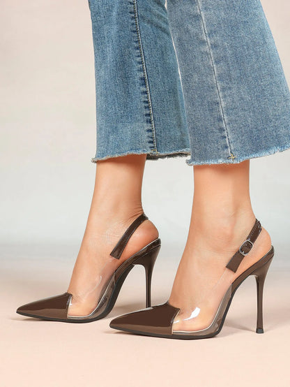 Women's Closed Pointed Toe Transparents Edge Stiletto Heel for Party Formal Dress Shoes YISHIFAN