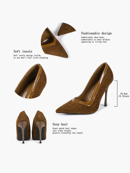Women's Pumps Pointed Toe Stiletto Heels Black Suede Leather Trim Wedding Evening Party Dress Shoes YISHIFAN
