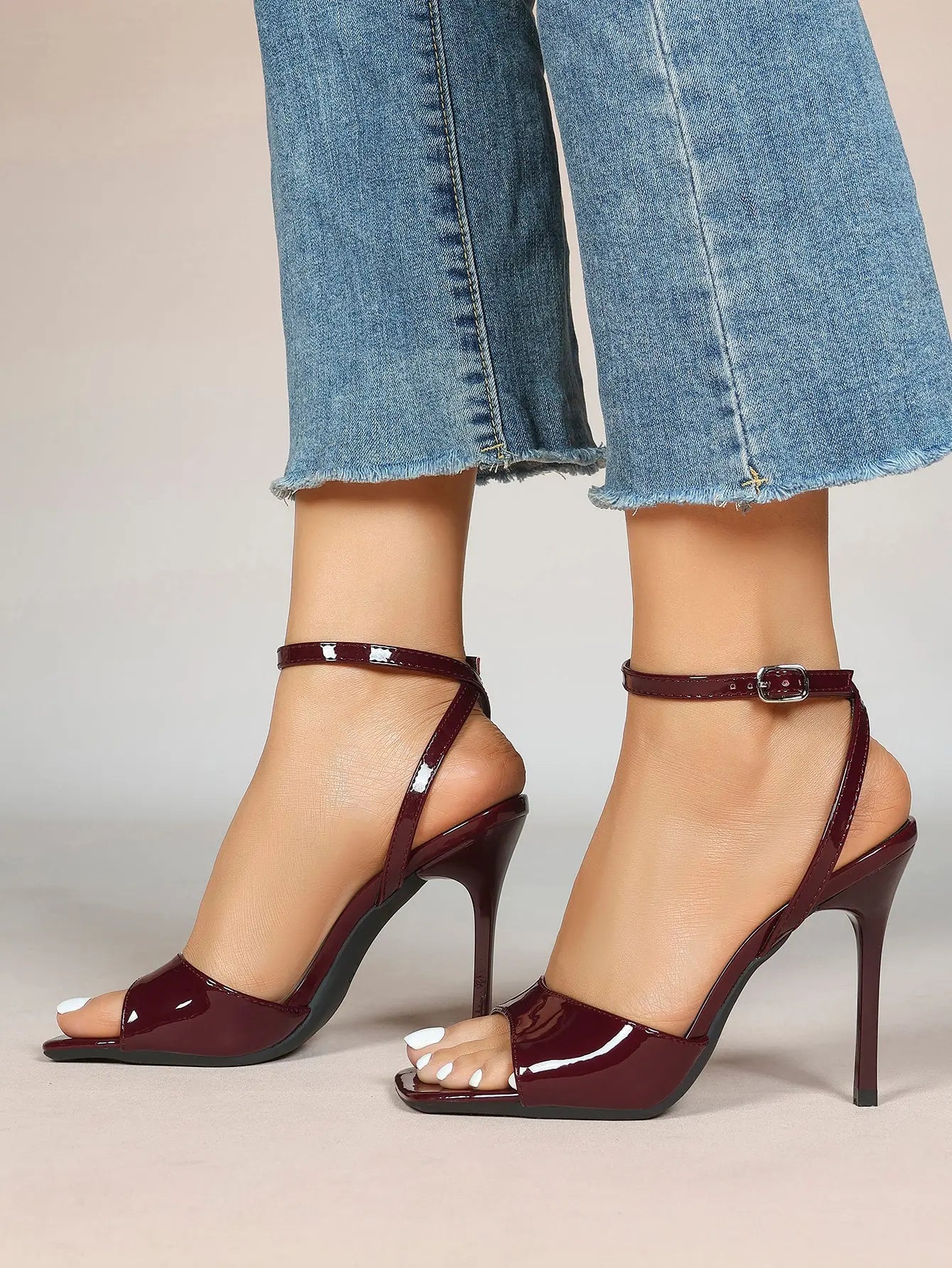 Women's Stiletto Heels 4.13 Inch Square Toe Ankle Strap Sandals Wedding Party Office Dress Shoes YISHIFAN