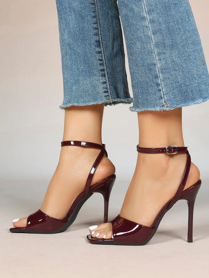 Women's Stiletto Heels 4.13 Inch Square Toe Ankle Strap Sandals Wedding Party Office Dress Shoes YISHIFAN