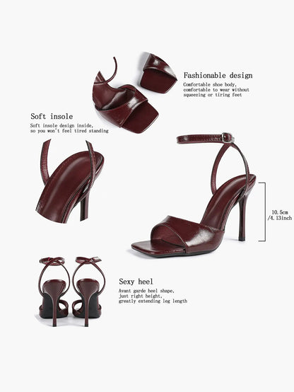 Women's Stiletto Heels 4.13 Inch Square Toe Ankle Strap Sandals Wedding Party Office Dress Shoes YISHIFAN
