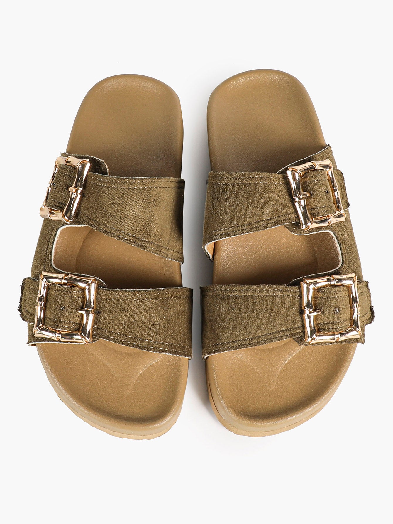 Taupe Suede Two-Strap Comfort Sandals with Gold Buckles