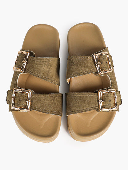 Taupe Suede Two-Strap Comfort Sandals with Gold Buckles