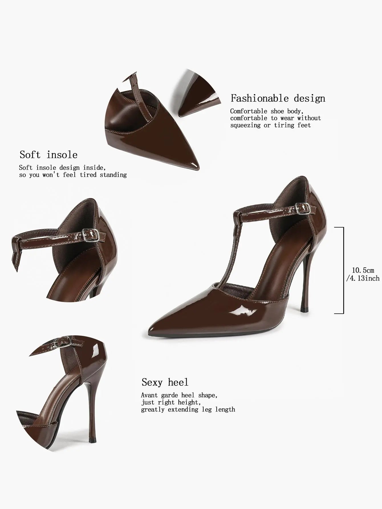 Women's Glossy T-Bar Pointed Pumps 10.5cm Stiletto Slingback Dress Heels YISHIFAN