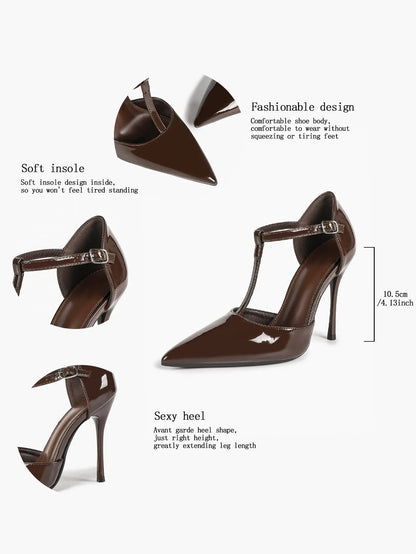 Women's Glossy T-Bar Pointed Pumps 10.5cm Stiletto Slingback Dress Heels YISHIFAN