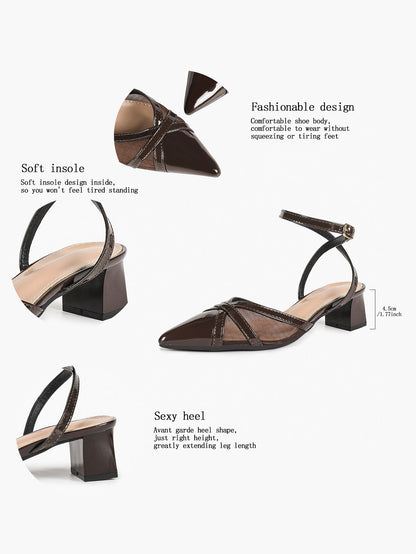 Chocolate Patent Mesh Pointed-Toe Slingback Shoes with Cross-Strap Detail