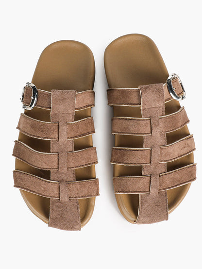 Camel Suede Woven Cage Slides with Silver-Tone Buckle Detail