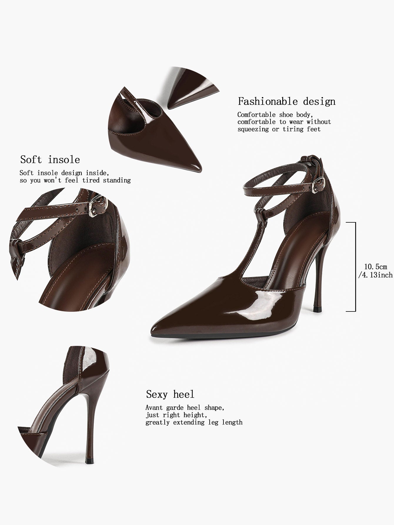 Dark Brown Patent T-Strap Slingback Pumps Closed Pointed Toe Ankle Buckle Stiletto Heels Office Shoes