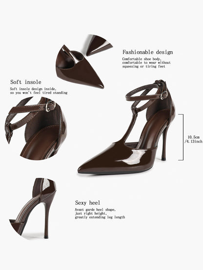Dark Brown Patent T-Strap Slingback Pumps Closed Pointed Toe Ankle Buckle Stiletto Heels Office Shoes
