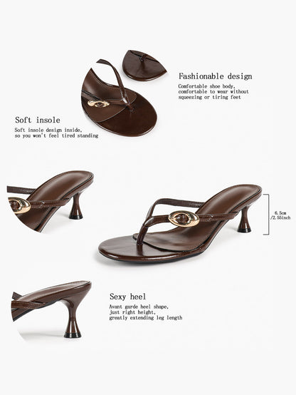 Brown Patent Toe Post Strap Heeled Mules Backless Slip-On Summer Vacation Sandals