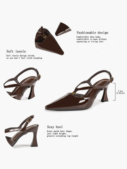 Dark Brown Patent Pointed Toe Slingback Stilettos Cross Strap Buckle Heels Party Evening Shoes