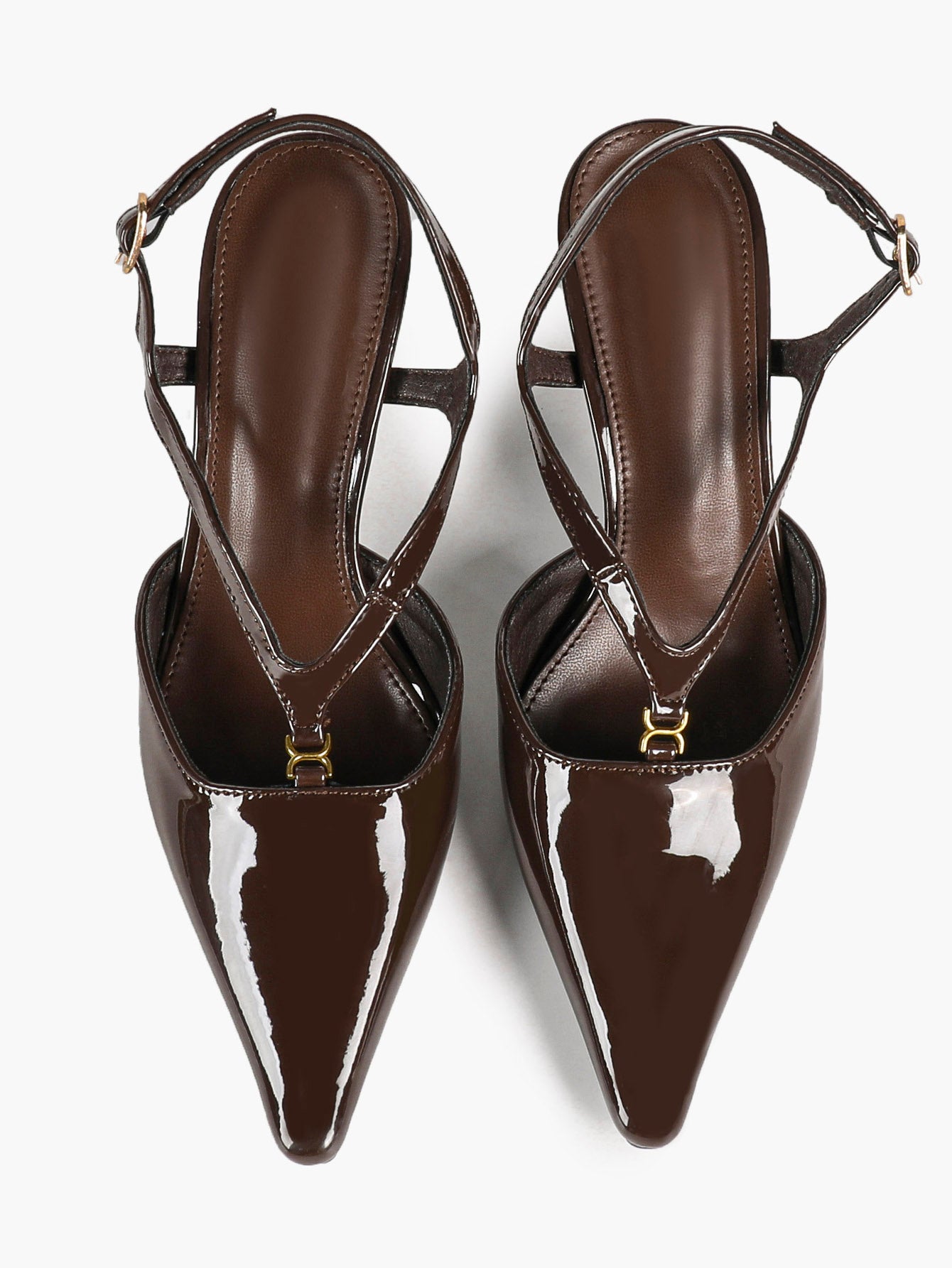 Dark Brown Patent Pointed Toe Slingback Stilettos Cross Strap Buckle Heels Party Evening Shoes