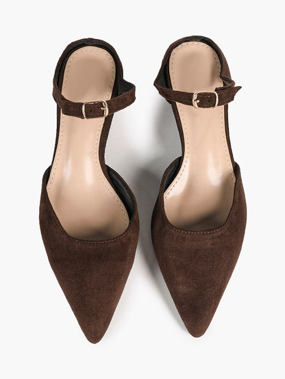 Brown Suede Pointed-Toe Slingback Pumps with Low Block Heel