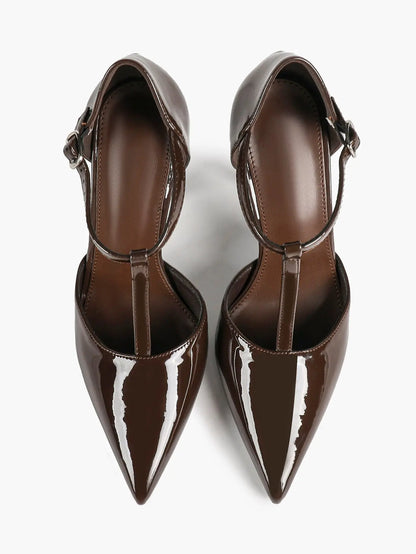Women's Glossy T-Bar Pointed Pumps 10.5cm Stiletto Slingback Dress Heels YISHIFAN