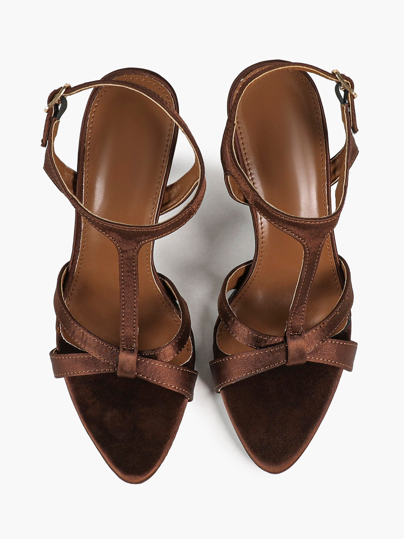 Women's Bronze Satin T-Strap Crisscross Stiletto Sandals Pointed Open Toe Ankle Buckle Heels Elegant Evening Shoes