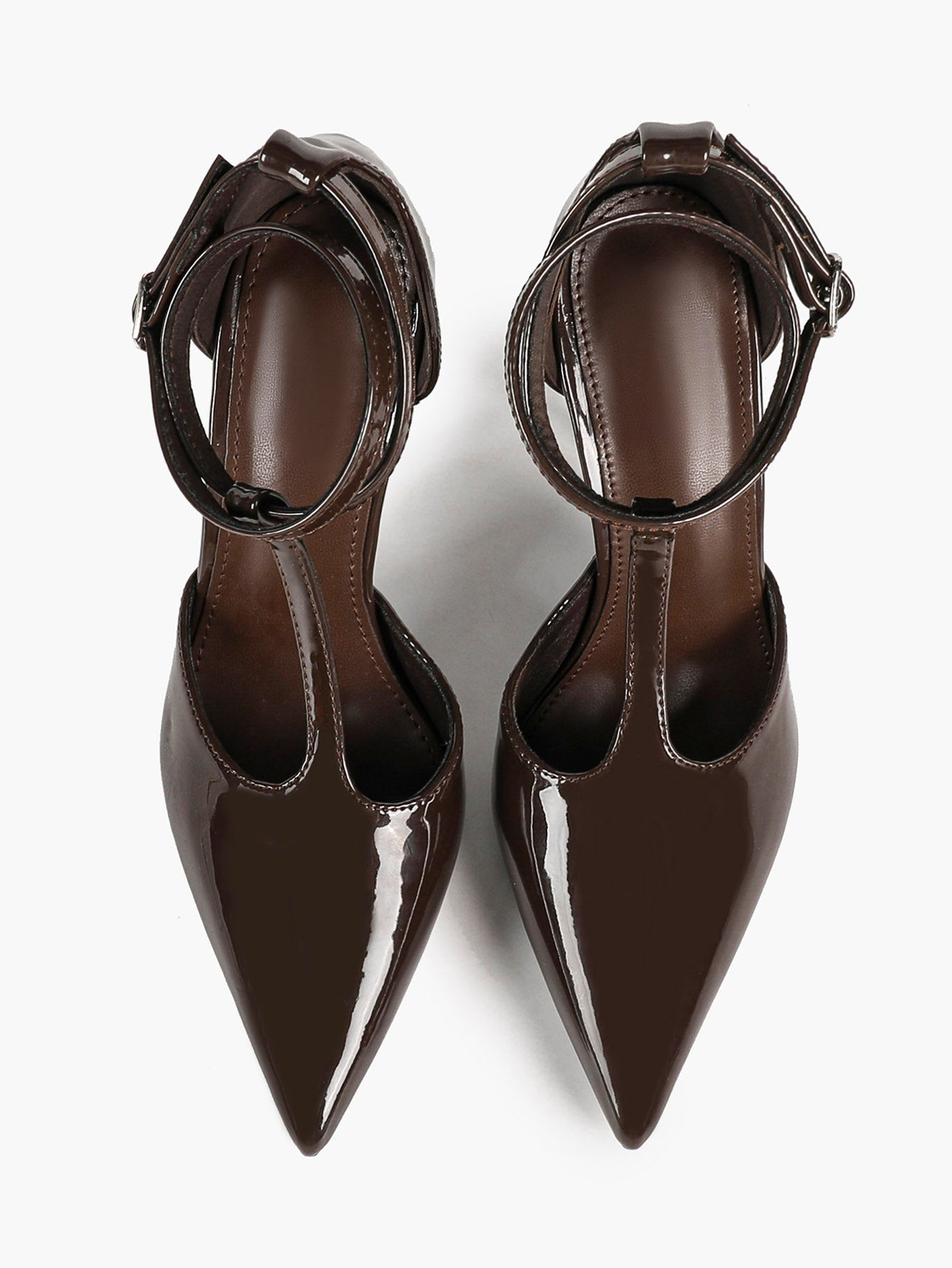 Dark Brown Patent T-Strap Slingback Pumps Closed Pointed Toe Ankle Buckle Stiletto Heels Office Shoes