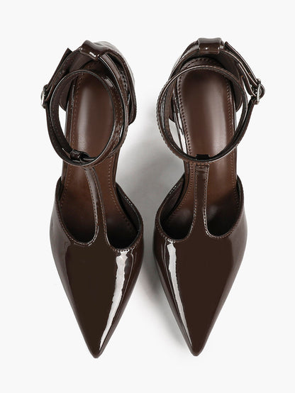 Dark Brown Patent T-Strap Slingback Pumps Closed Pointed Toe Ankle Buckle Stiletto Heels Office Shoes
